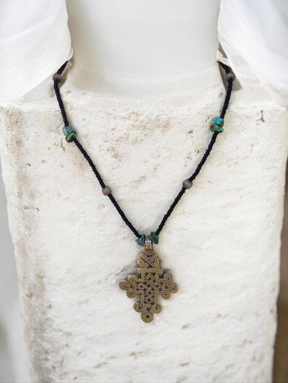 Vintage Sterling Ethiopian Coptic Cross Pendant Necklace With Turquoise - Picture 2 of 3